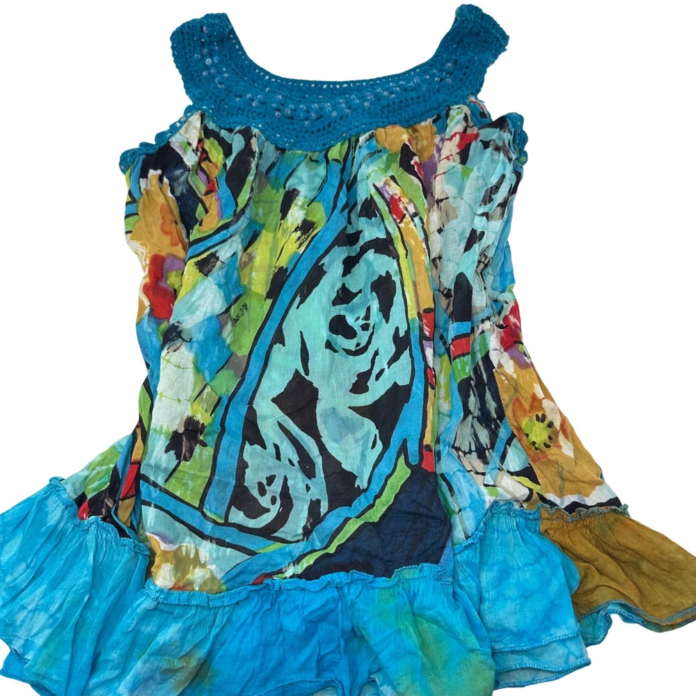 Chdry KC Womens Boho Crochet Neck Beaded Abstract Floral Ruffle Tunic Top Medium